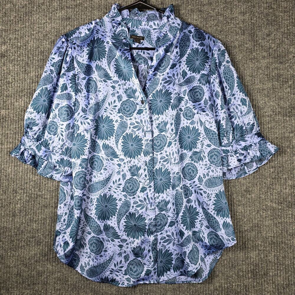 Ann Taylor Blouse Womens Large Blue Floral Paisley Ruffle Sleeve Tunic Top